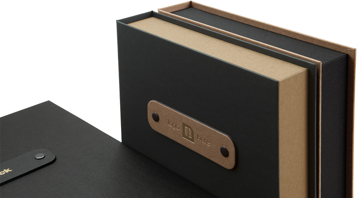 Black Koehler and SH Recycling brown box with rivets gold gloss hot foil branding
