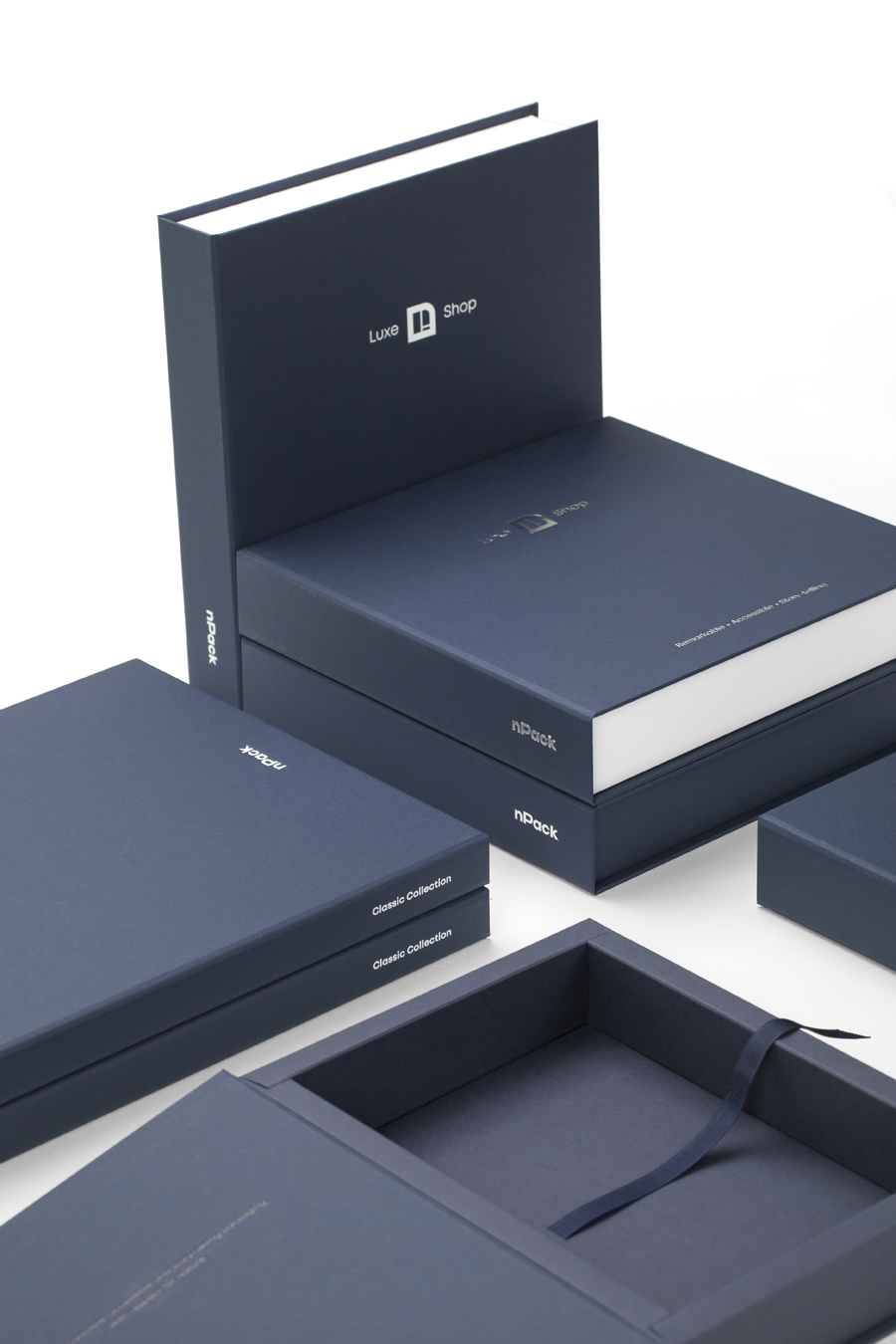 Book Style Presentation Box in Colorplan Imperial Blue Buckram embossing magnetic closure handcrafted in Europe