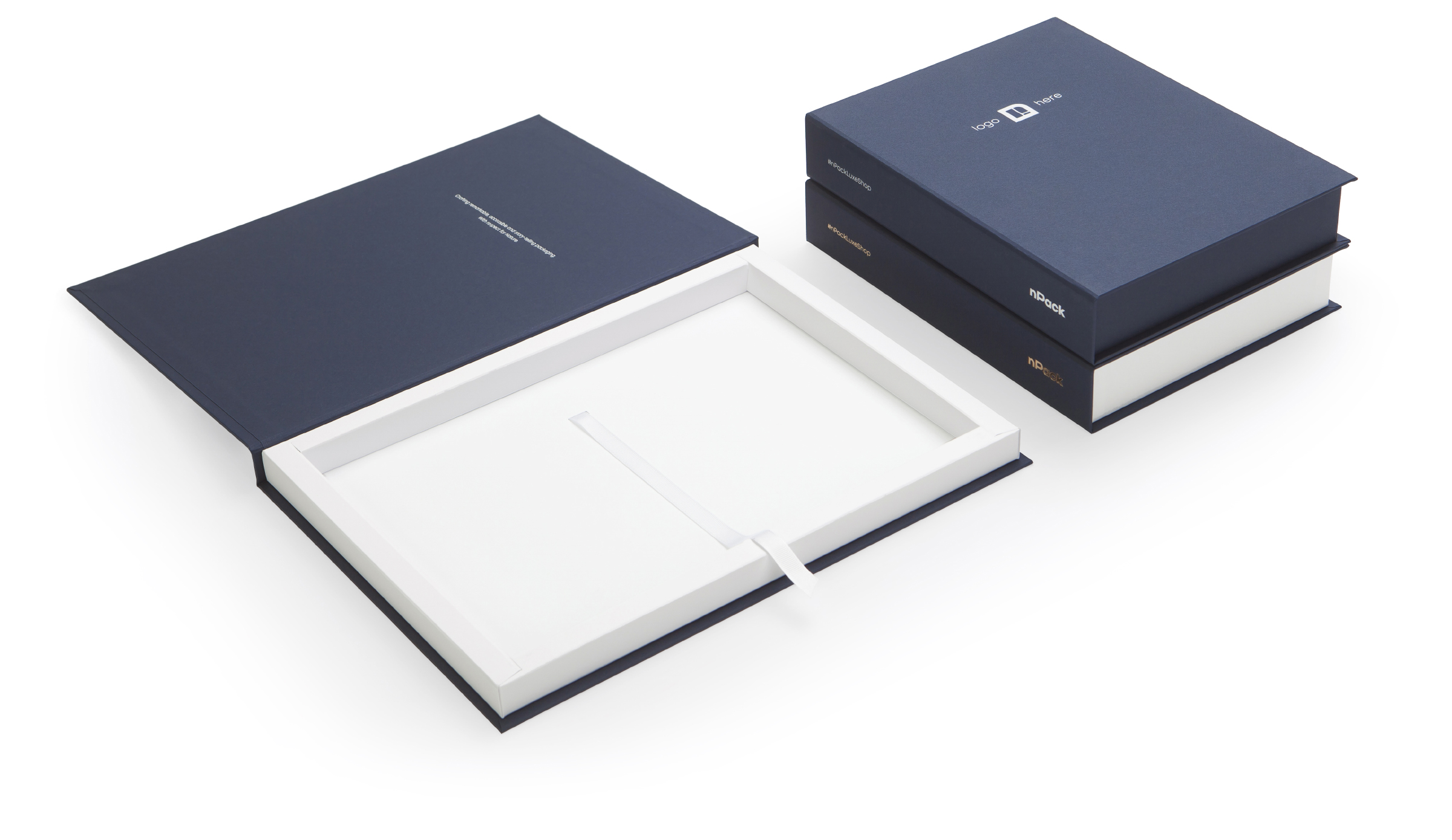 Book Style Presentation Box in Colorplan Imperial Blue, Buckram embossing - eco-friendly packaging solution with custom branding in hot foil print with magnetic closure