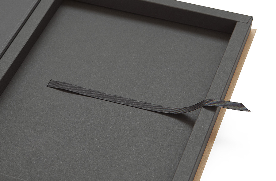 Book Style Presentation Shadow Box SH Recycling paper and Koehler Brilliant Black paperhot foil branding ribbon pull