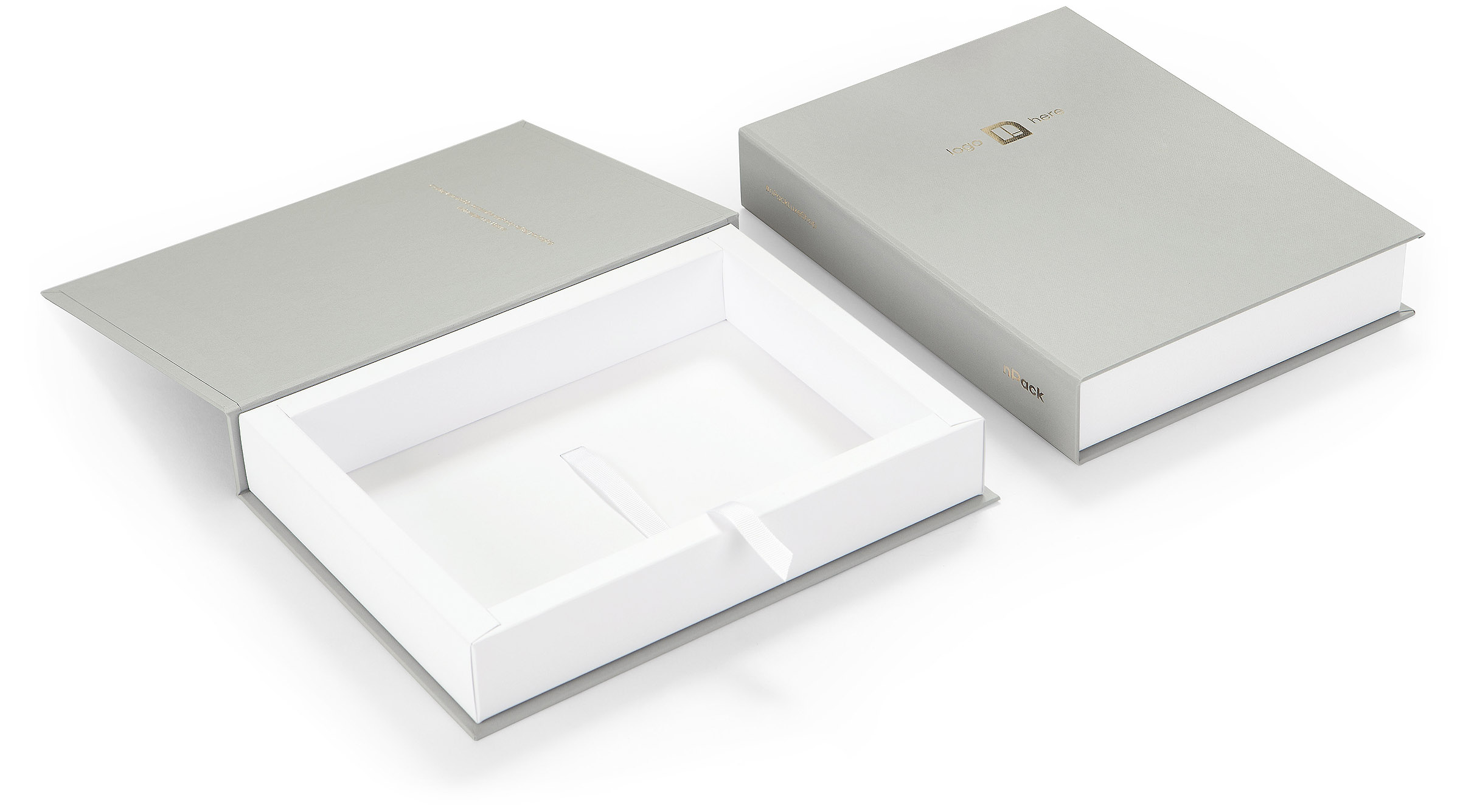 Branded presentation box in Colorplan Real Grey Buckram embossing customizable hot foiled logo ribbon pull Branded presentation box in Colorplan Real Grey, Buckram embossing, customizable hot foiled logo, ribbon pull option, magnetic closure, hand made in Europe