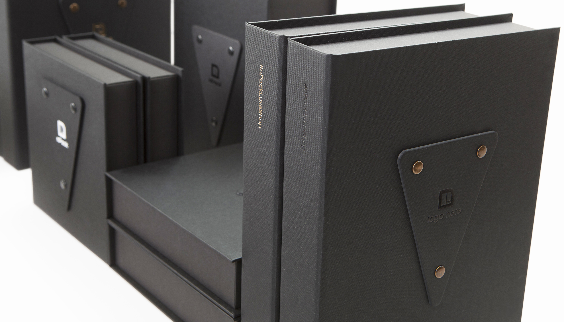 Luxury box Colorplan Ebony Buckram embossing triangular nameplate magnetic closure