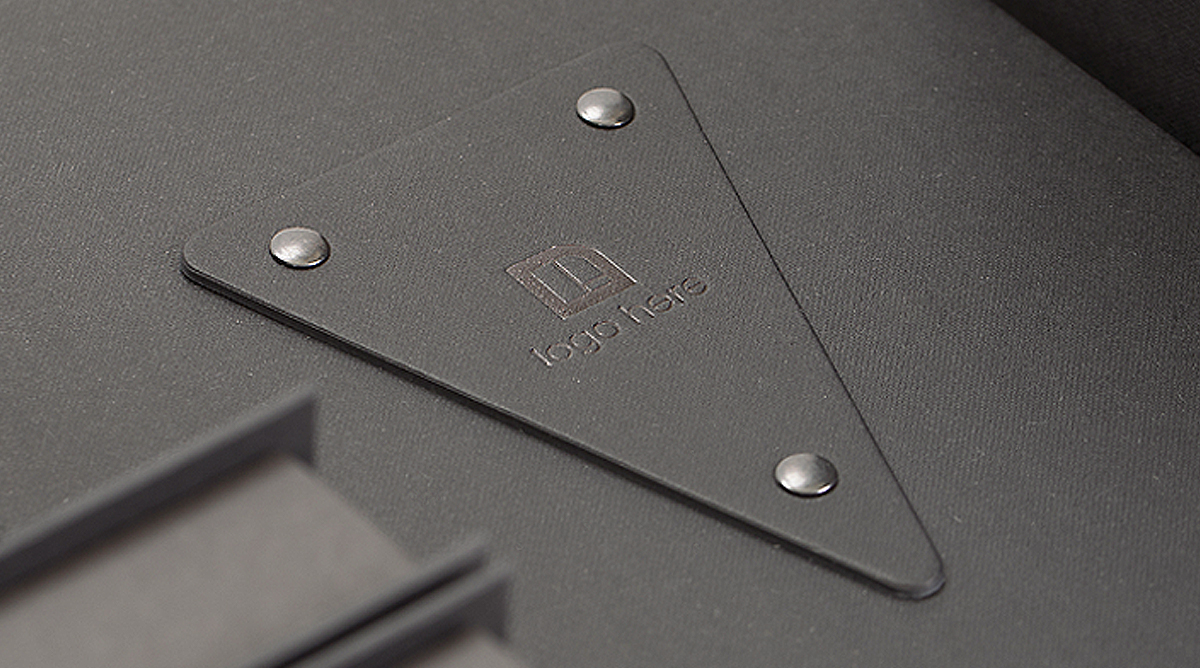 Colorplan Ebony Buckram embossing triangular nameplate rivets logo in gold hot foil magnetic closure 2 - 2 Colorplan Ebony Buckram embossing triangular nameplate rivets logo in gold hot foil magnetic closure