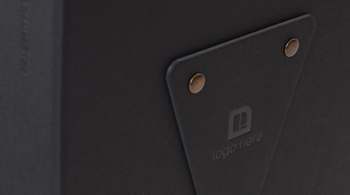 Colorplan Ebony Buckram embossing triangular nameplate rivets logo in gold hot foil magnetic closure 5
