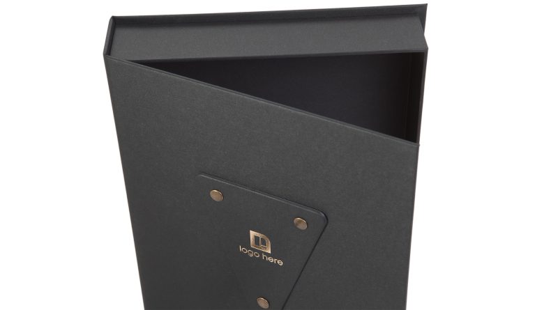 Exclusive Rigid Event Box in Colorplan Ebony Buckram embossing hot foiled logo manufacurerd in Europe