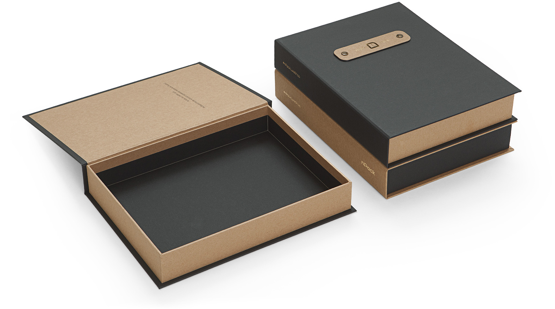 Hign end Rigid Box with magnetic closure Koehler Brilliant Black paper SH Recycling brown nameplate hot foil branding