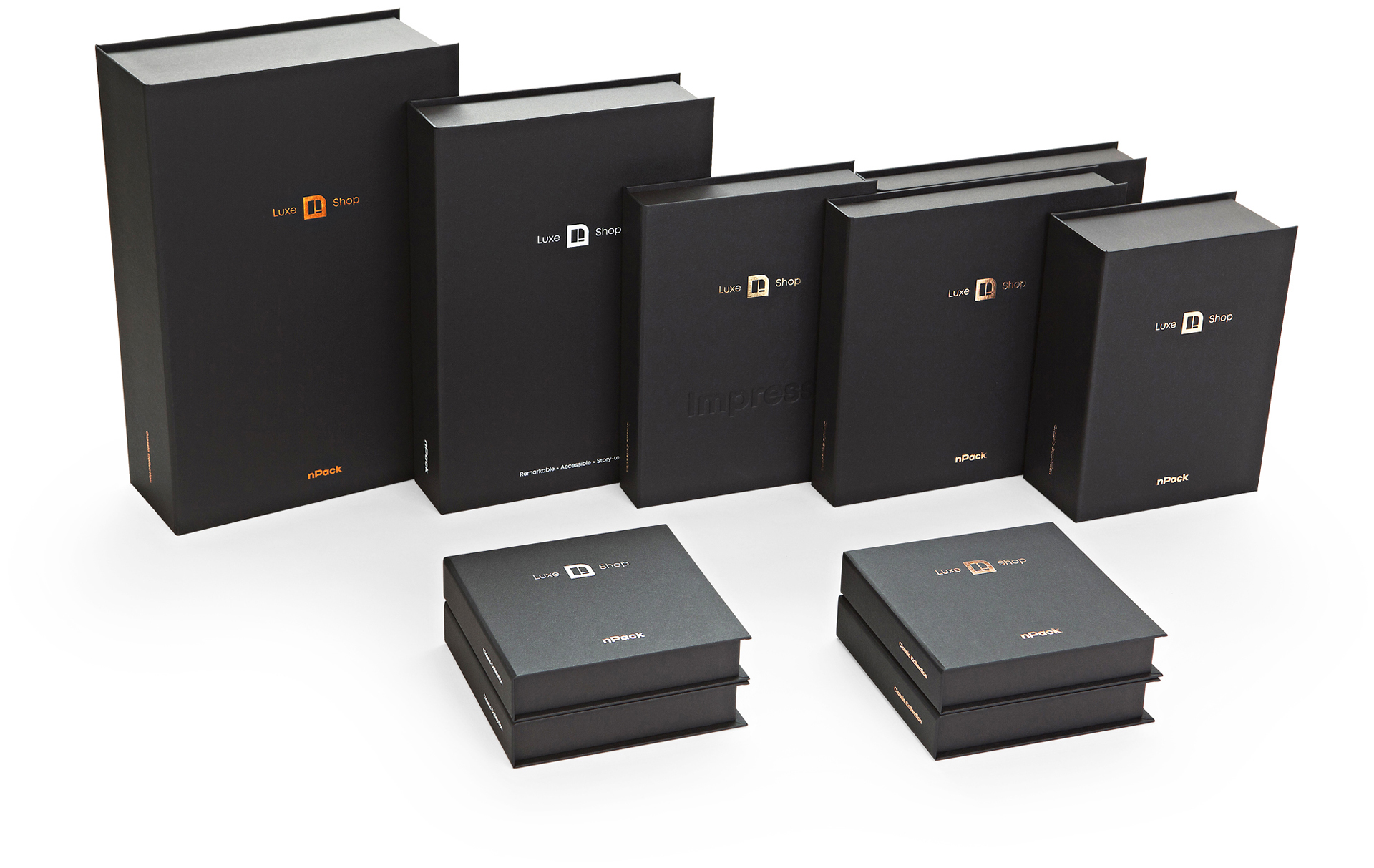 Luxury magnetic black box Colorplan Ebony buckram embossing hot foil logo Europe