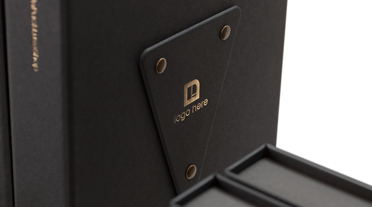 Colorplan Ebony Buckram embossing triangular nameplate rivets logo in gold hot foil magnetic closure 4 Colorplan Ebony Buckram embossing triangular nameplate rivets logo in gold hot foil magnetic closure