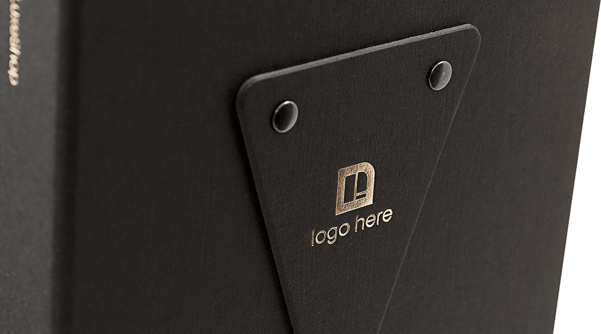 Colorplan Ebony Silkweave nameplate rivets gold hot foil 3 Colorplan Ebony Silkweave nameplate rivets gold hot foil