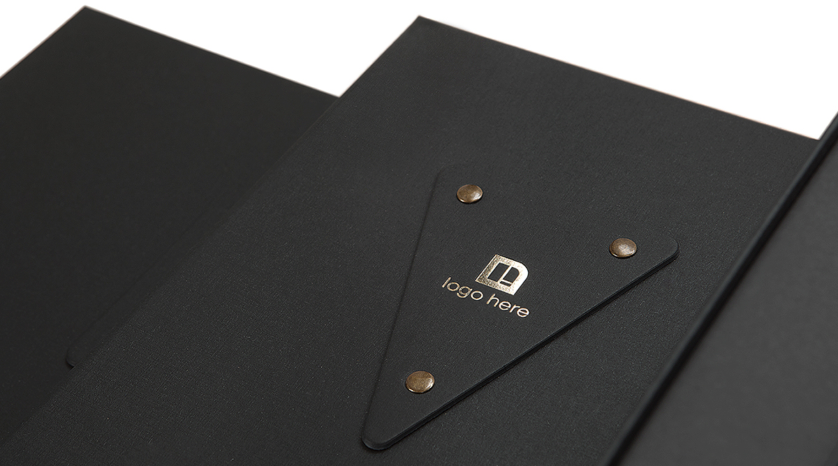 Colorplan Ebony Silkweave nameplate rivets gold hot foil Colorplan Ebony Silkweave nameplate rivets gold hot foil
