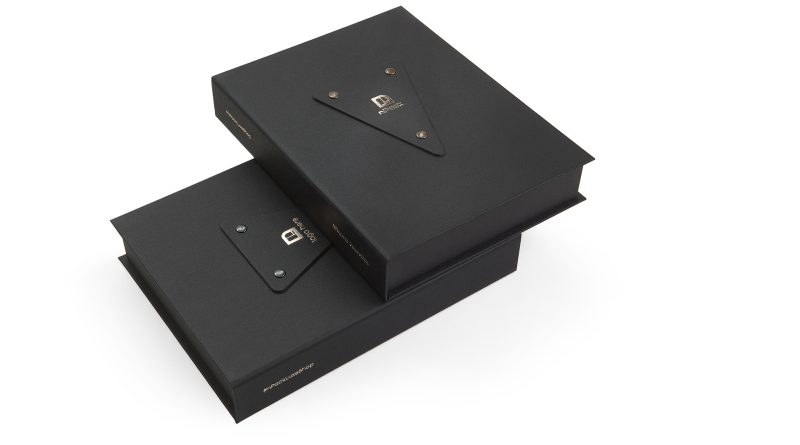 Exclusive Rigid Event Box in Colorplan Ebony silkweave embossing hot foiled logo manufacurerd in Europe