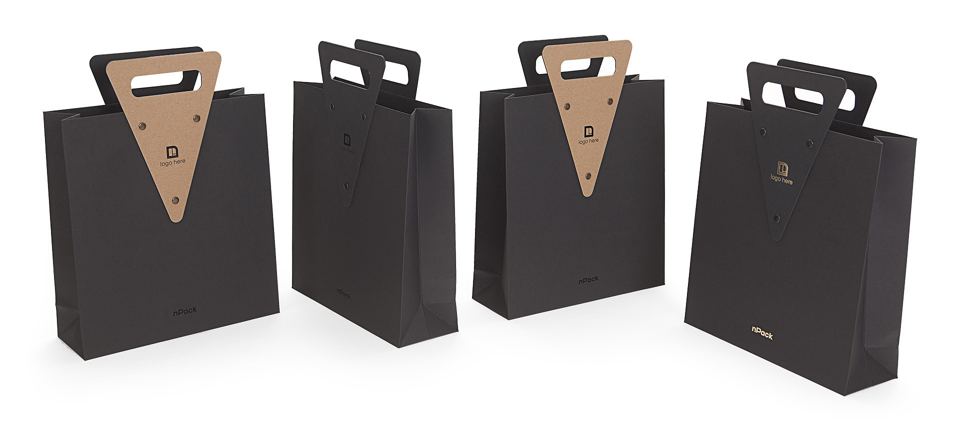 Exclusive gift bag with riveted die-cut handle, Koehler Brilliant Black and SH recycled paper, custom hot foiled branding, paper bag manufacturer from Europe
