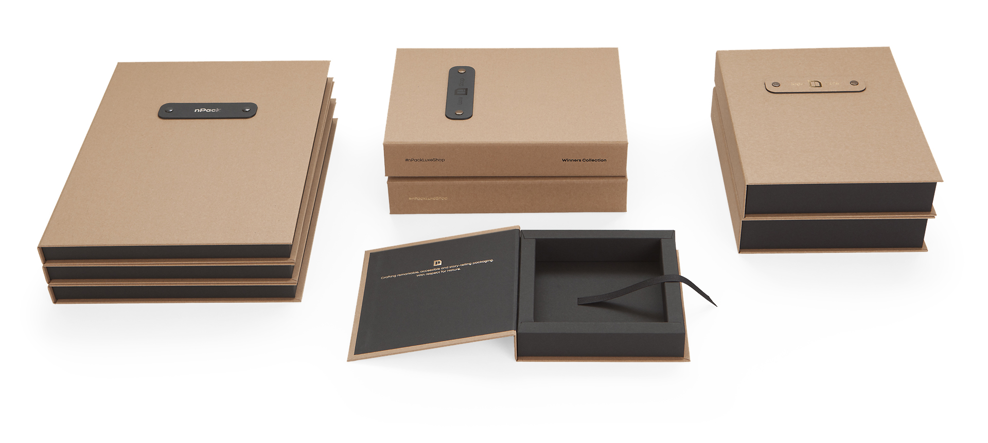 Premium presentation book style box with magnets Koehler Brilliant Black and SH Recycling paper customizable branding ribbon pull option online order