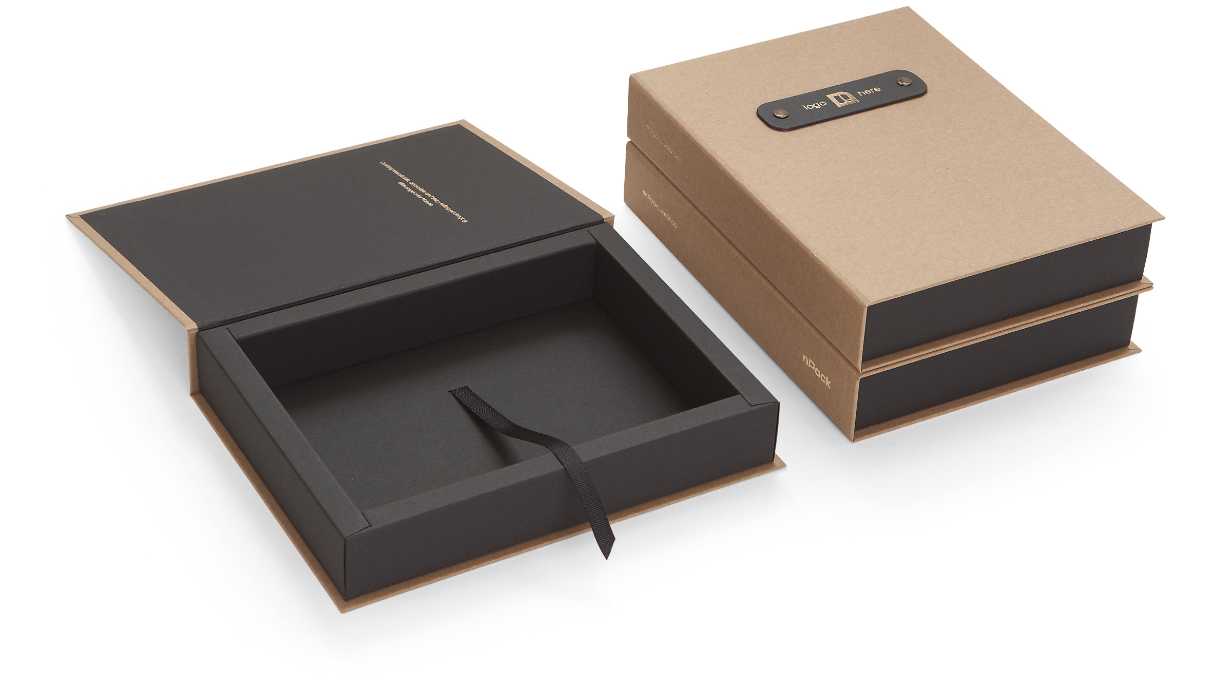 Premium presentation book style box with magnets Koehler Brilliant Black and SH Recycling paper customizable branding ribbon pull Premium presentation book style box with magnets Koehler Brilliant Black and SH Recycling paper customizable branding ribbon pull