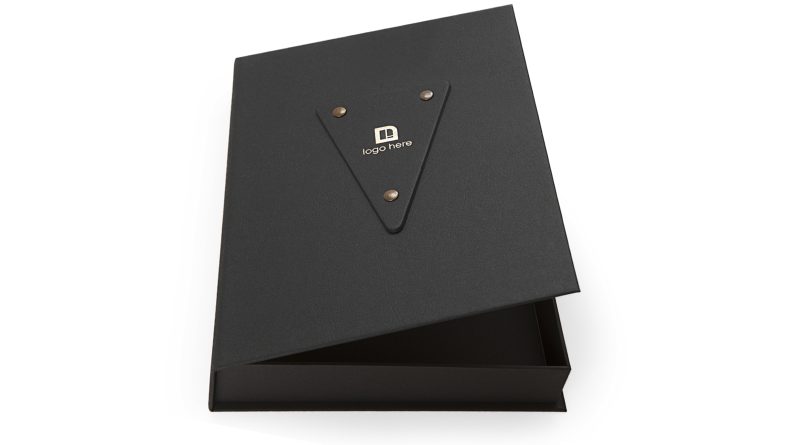 black luxury magnetic box in Colorplan Ebony Leather structured paper
