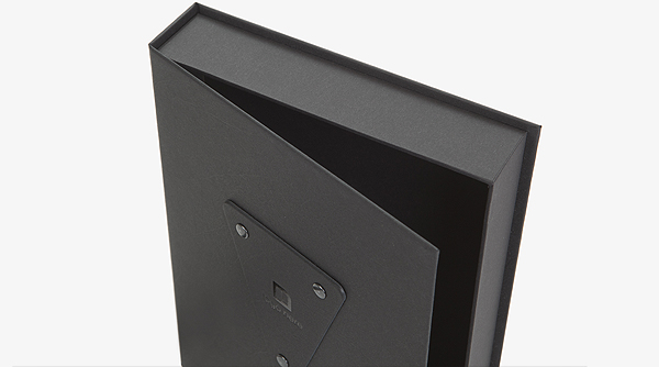 black luxury magnetic box in Colorplan Ebony Leather structured paper