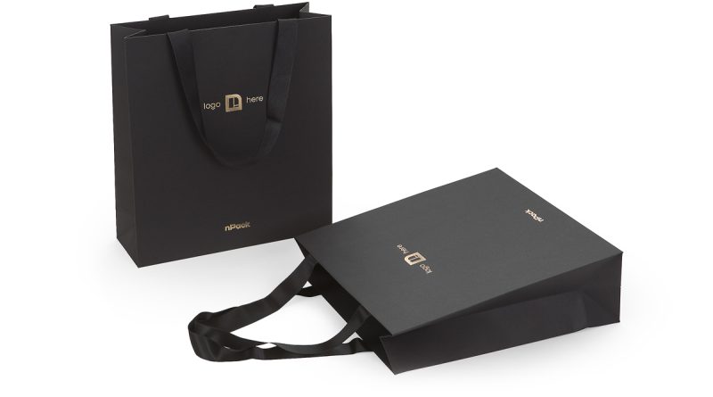 100 percent Recycled Paper luxury black paper bag with ribbon handles