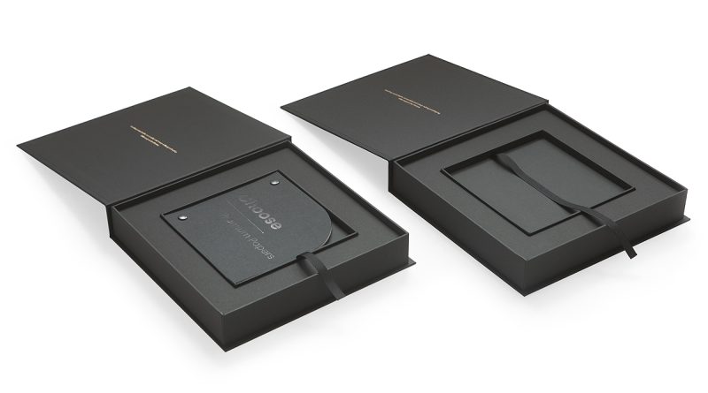 Black box with interior tray and ribbon pull