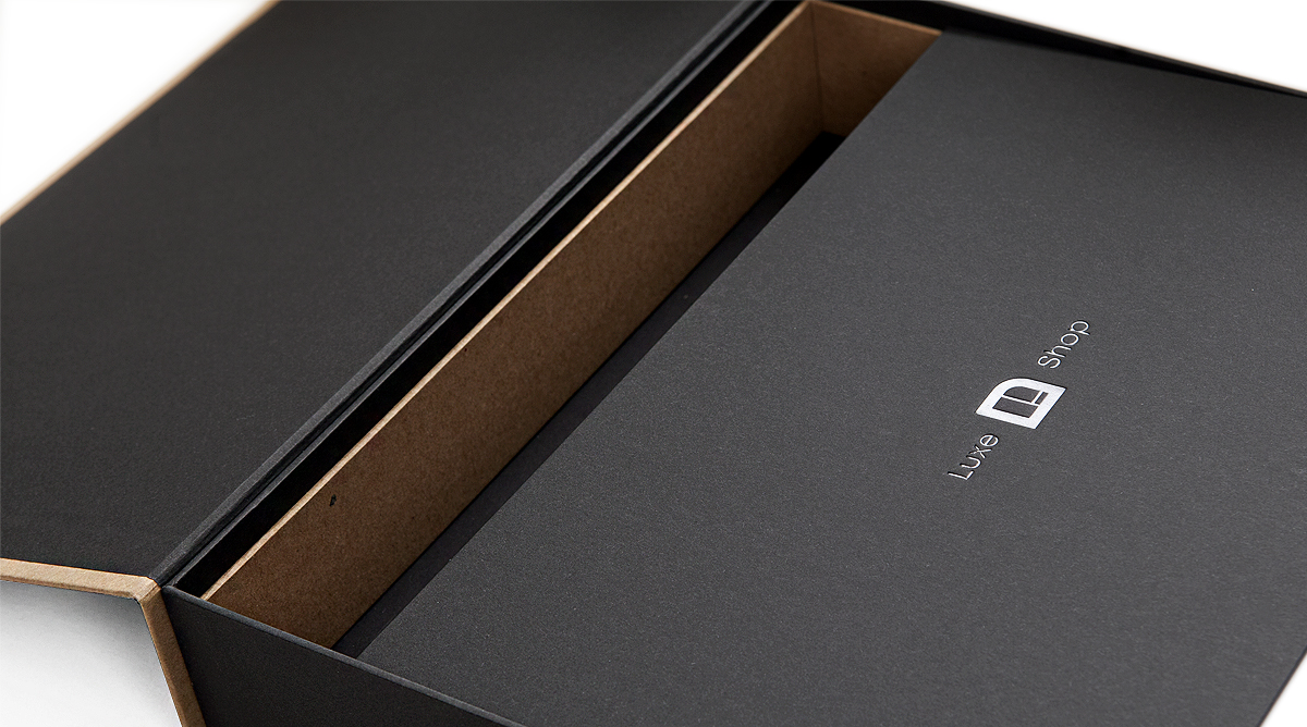 black and kraft box with interior lid koejler black paper white foil