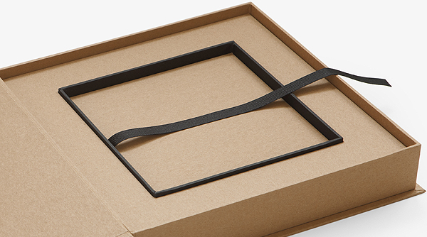 Black and kraft box with interior tra