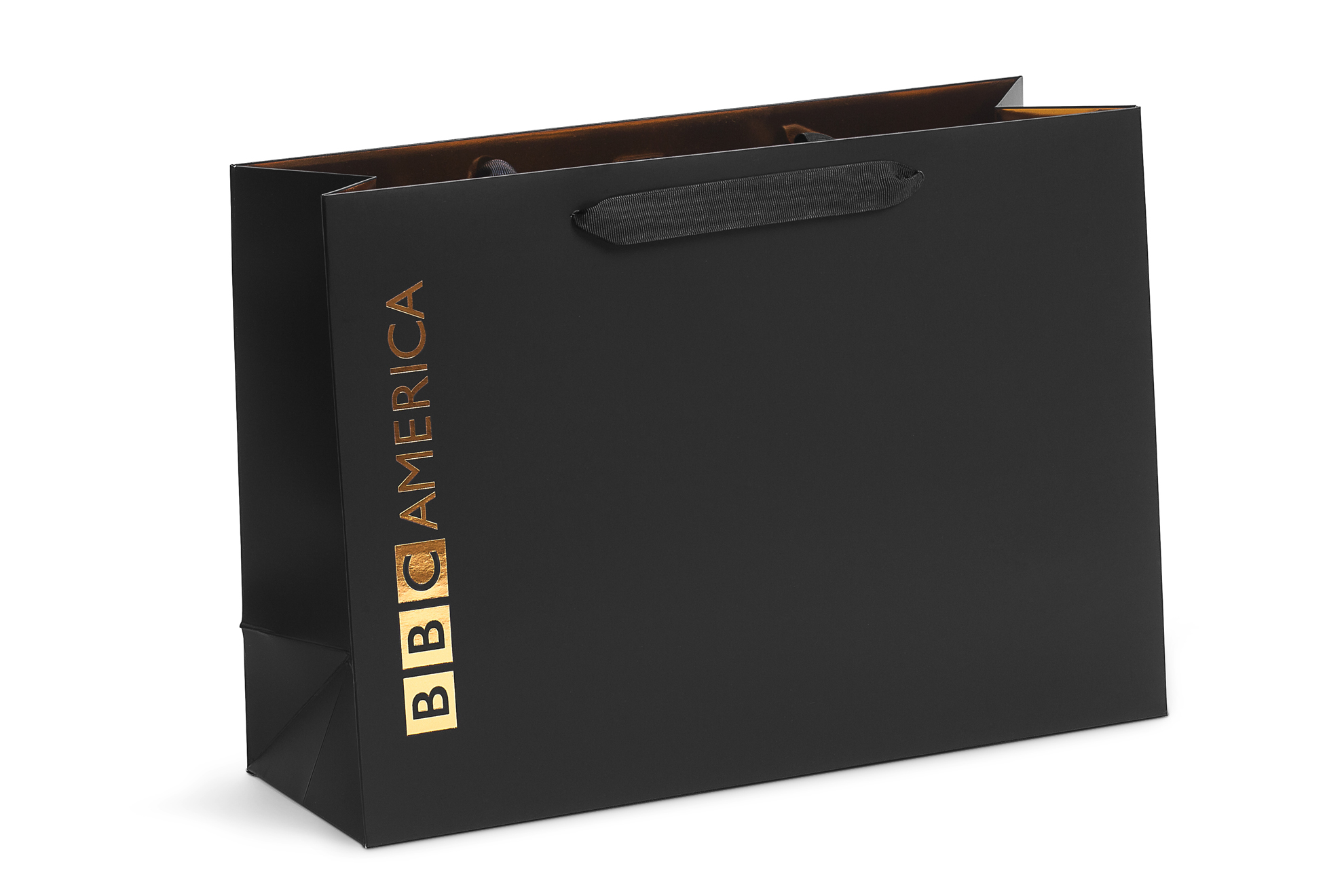 black paper bag with copper hot foil printed outside and inside for BBC America