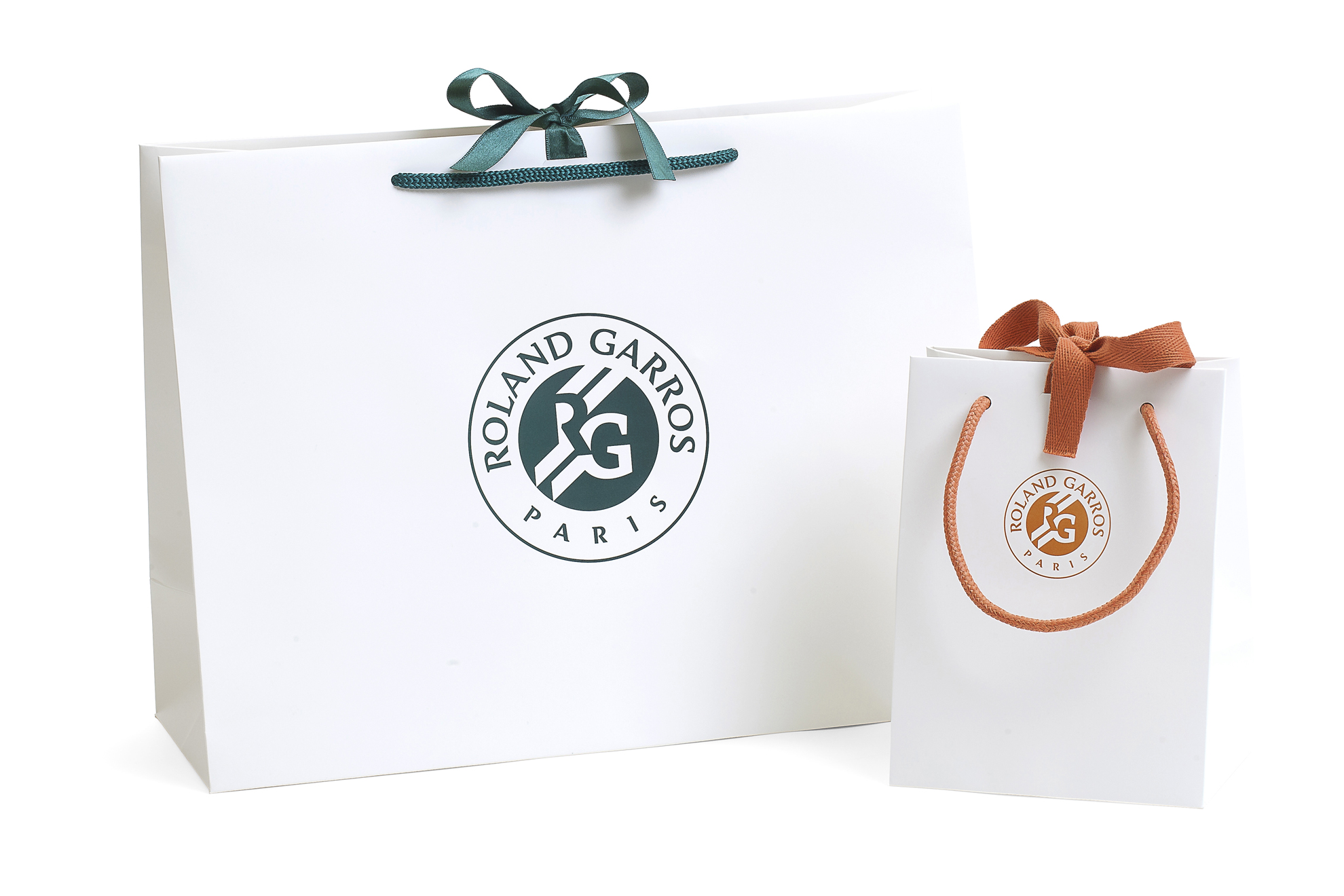 set of luxury printed laminated event paper bags upgraded with central ribbon closure