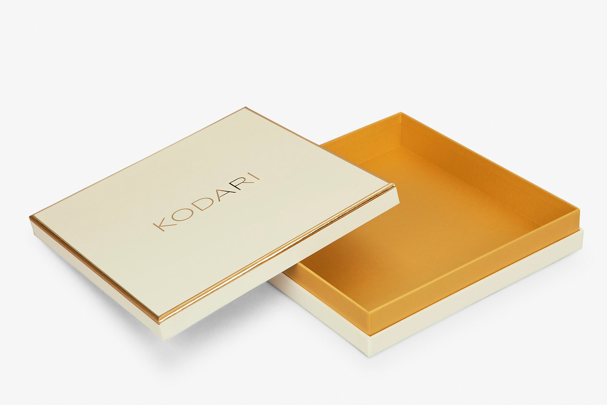 recyclable natural white neck box with revealed golden shoulder, foil stamped with gold for Kodari event