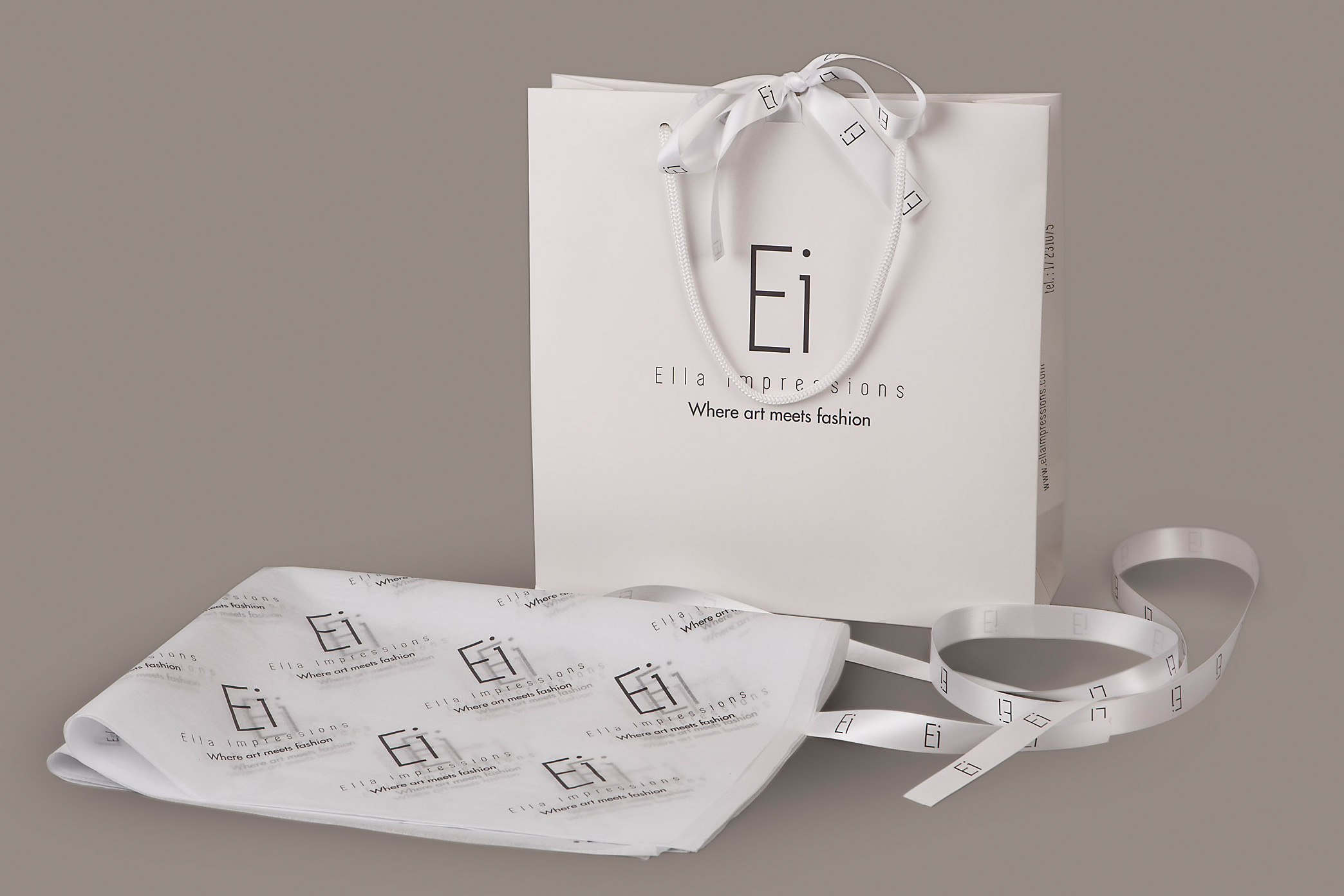 promotional packaging range with printed logo on retail bag, ribbon and tissue paper for fashion brand