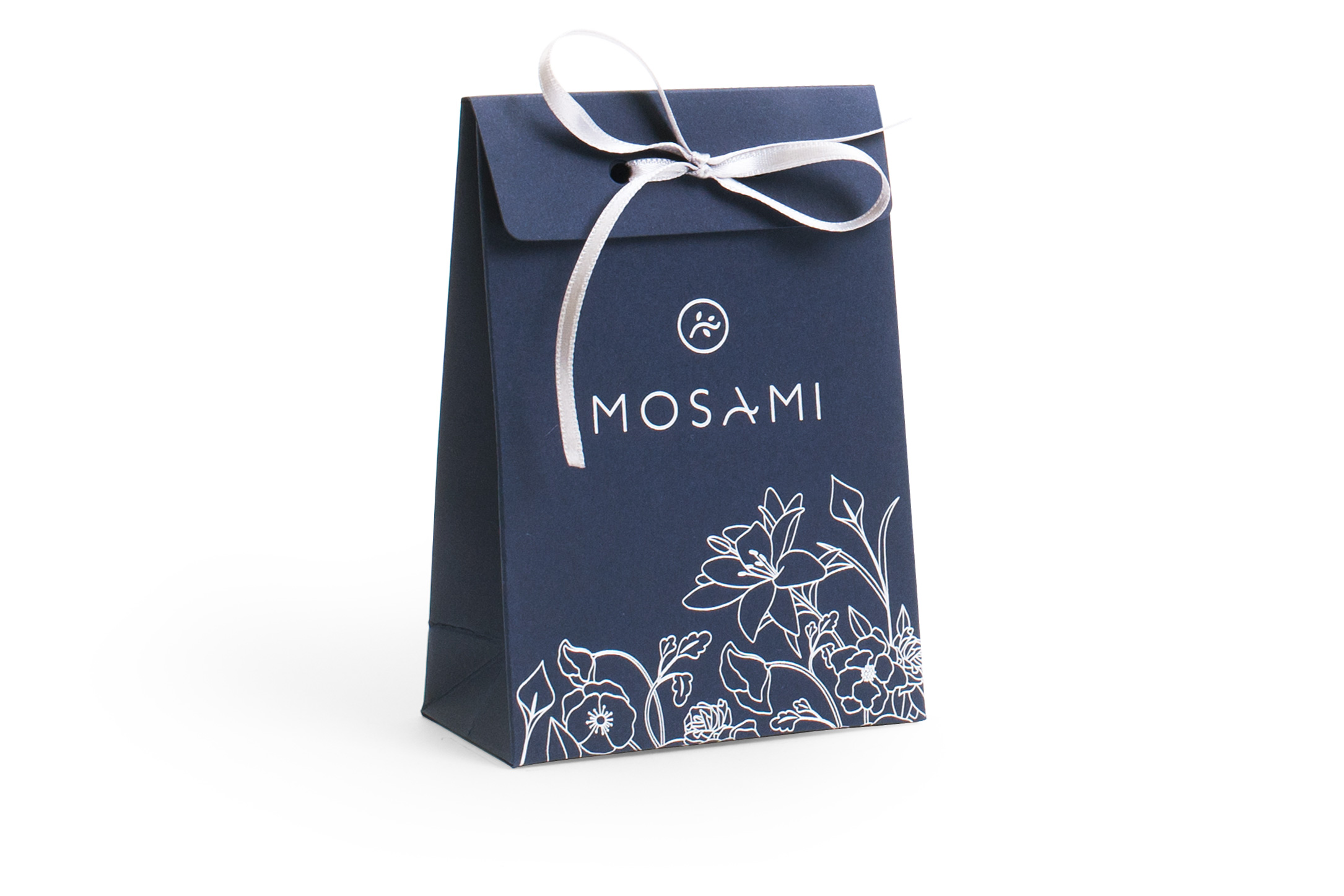 small luxury gift bag made from navy blue paper with white foil stamping, closing with a flap and a ribbon bow